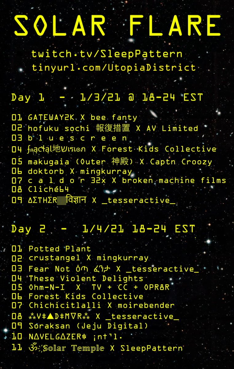StachyDj's tweet photo. get caught up in the SOLAR FLARE
#solartemple audiovisual eruption xplodes on Sat.3rd at midnight CET on
https://t.co/jPGQ5tY4Yn
https://t.co/VFgQS2jAUg
feat #HofukuSochi 報復措置 X®AVlimited™ #experimental #ambient #vaporwave #VHS -xperience
shouts @ethernetmind +all artists! https://t.co/5tqUImxpO4
