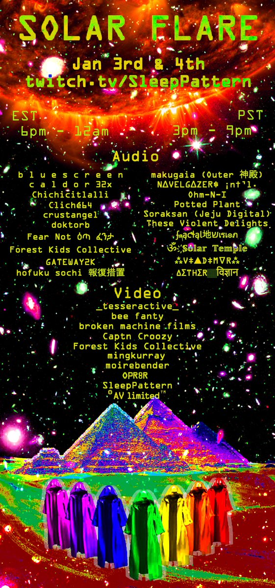 StachyDj's tweet photo. get caught up in the SOLAR FLARE
#solartemple audiovisual eruption xplodes on Sat.3rd at midnight CET on
https://t.co/jPGQ5tY4Yn
https://t.co/VFgQS2jAUg
feat #HofukuSochi 報復措置 X®AVlimited™ #experimental #ambient #vaporwave #VHS -xperience
shouts @ethernetmind +all artists! https://t.co/5tqUImxpO4