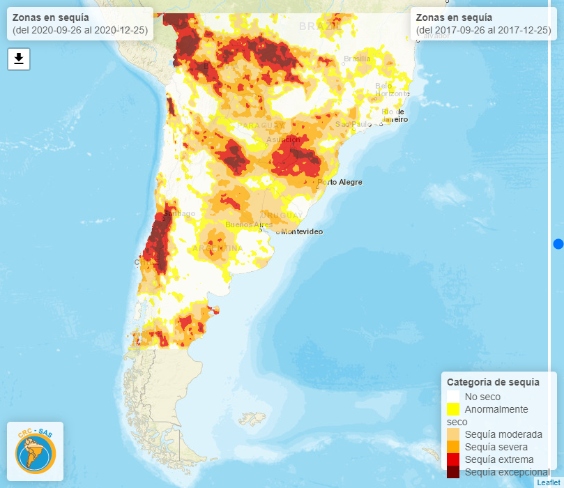 federicobert's tweet photo. La sequía de hoy (izq) vs la del 17/18 (der). Período 26-Sep - 25-Dic en ambos años.
En 17/18 fueron casi USD 5.000 millones menos sólo por menos expo de soja y maíz. 
Hoy todavía no es tan tarde para buenas lluvias.

Monitoreo de sequía de SISSA:
https://t.co/dV1BFX9Yfm https://t.co/gzqboShxj9