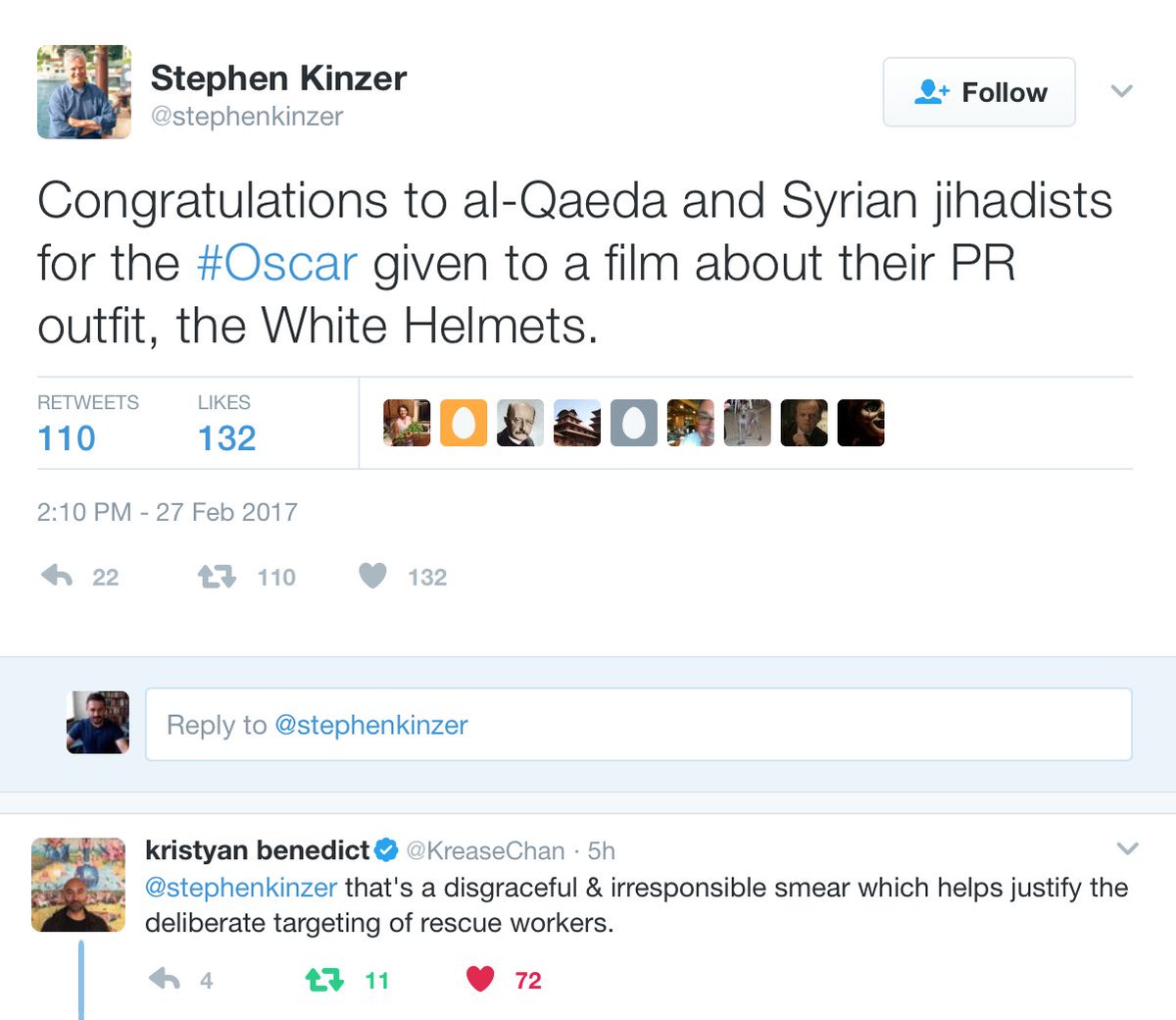 For those unfamiliar with Ruffalo's source, here he is responding to a documentary about the White Helmets winning an Oscar. And this racist dictator-worshipper is still employed  @WatsonInstitute,  @BrownUniversity and still published by  @BostonGlobe  @GlobeOpinion