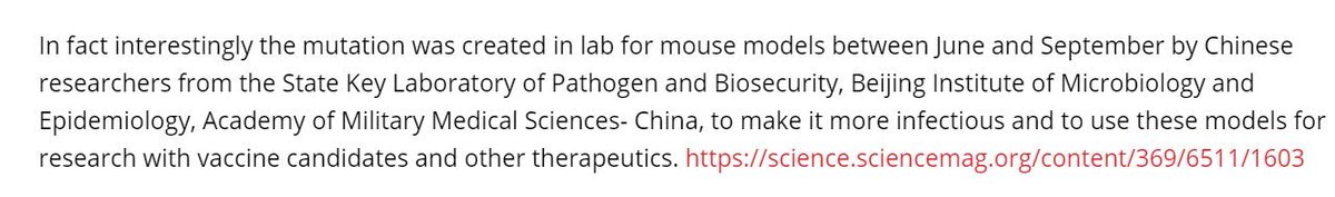 35. Billy Talking NowBut then again, they did very similar experiments in a Peking military laboratory back in September, where they developed the infamous N501 mutation (6 passages in mice)Similar to one currently plaguing GB https://twitter.com/BillyBostickson/status/1339180437197877248& https://science.sciencemag.org/content/369/6511/1603