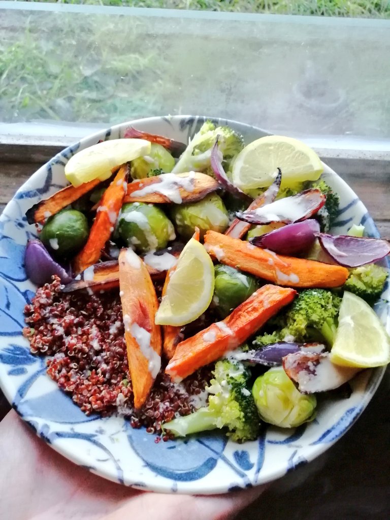 Dinner: Buddha bowl with red quinoa, roasted sweet potato wedges, with steamed veg and a tahini dressing.