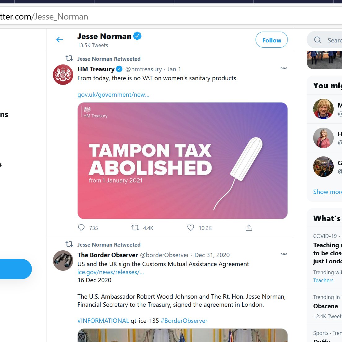 Jesse Norman, Conservative MP for Hereford and South Herefordshire, has retweeted the treasury tweet about the tampon tax being abolished. Why did he vote against the abolition in 2015?