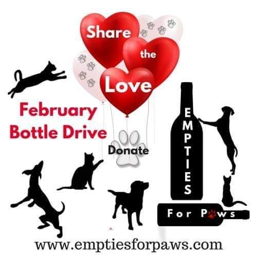 Share the Love. Donate empty beer, wine/liquor bottles. Organize bottle drive between family/friends/coworkers collect 4 favorite animal rescue. Find bottle drives lists on emptiesforpaws.com  Donate empties all year not just Feb. Over 564K raised since 2015 #Recycle4Animals