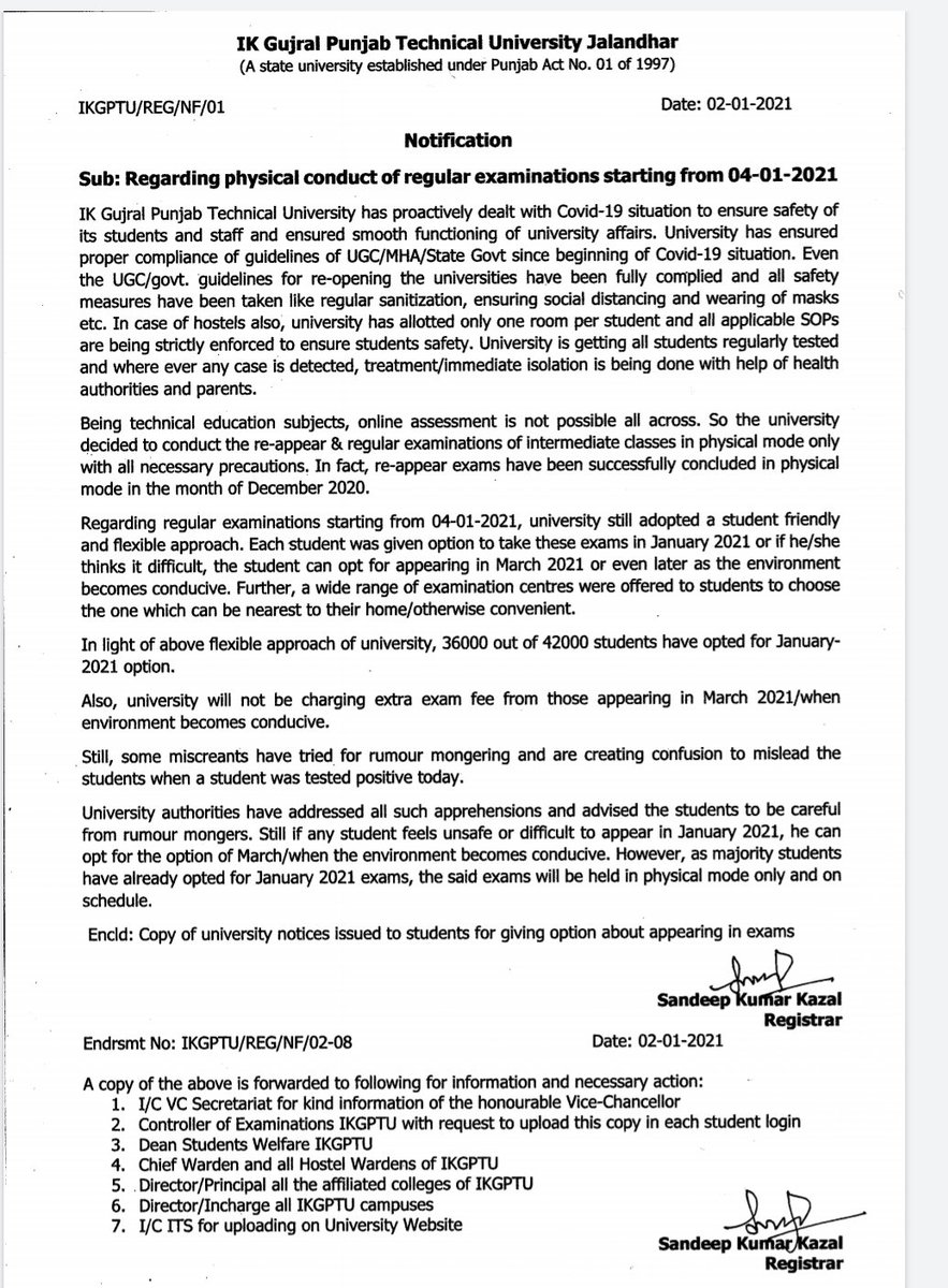 IKGujralPTU's tweet photo. Important: #IKGPTU decided to conduct regular #examinations from January 04 as scheduled in #physical mode only with all necessary #precautions

- Re-appear exams have been successfully concluded in physical mode in the month of December 2020 https://t.co/I87jQEJ82J