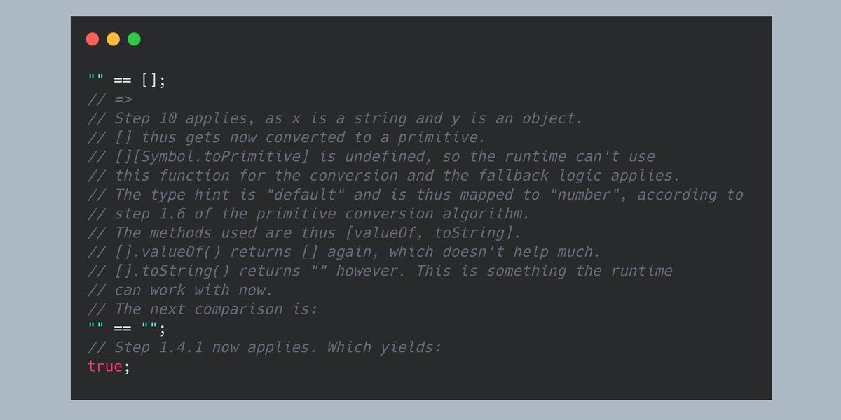 Example 3:Let's go one step further and use one object in our comparison, so we'll go with "" == [].You can find a guided solution in the image below.