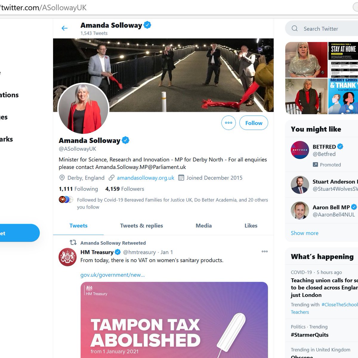 Anna Solloway, MP for Derby North, shares the Treasury tweet. She doesn't mention voting against the 2015 motion to abolish the tampon tax. Did she forget? Or does she want you to forget?