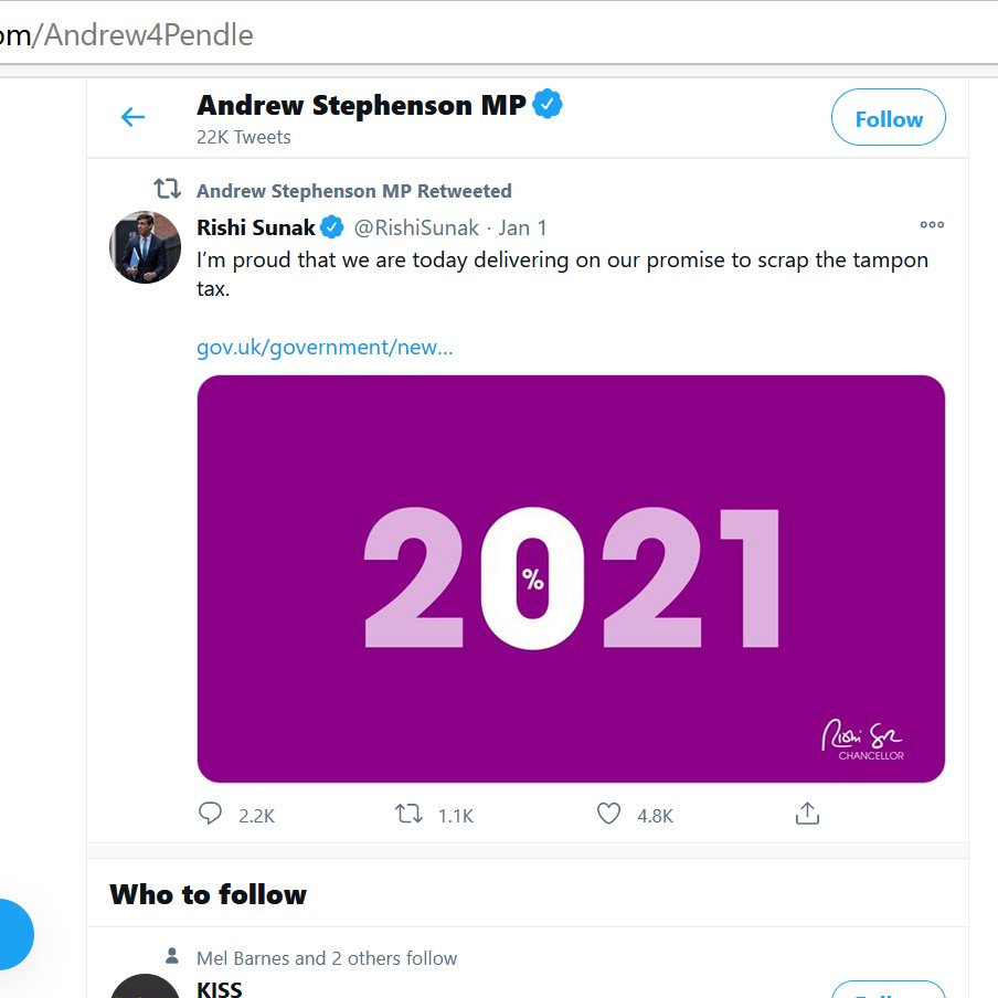 Andrew Stephenson, Conservative MP for Pendle, shares the Rishi Sunak tweet. Stephenson voted against abolishing the tampon tax in 2015.