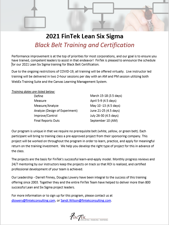FintekInfo's tweet photo. As we continue to do business in a virtual world, don’t let your New’ Year’s resolution go unresolved! Professionally develop your team with our 22nd consecutive offering of open enrollment Six Sigma Training. Contact us for details, and Happy New Year! #training#sixsigma https://t.co/yIee87XhaN