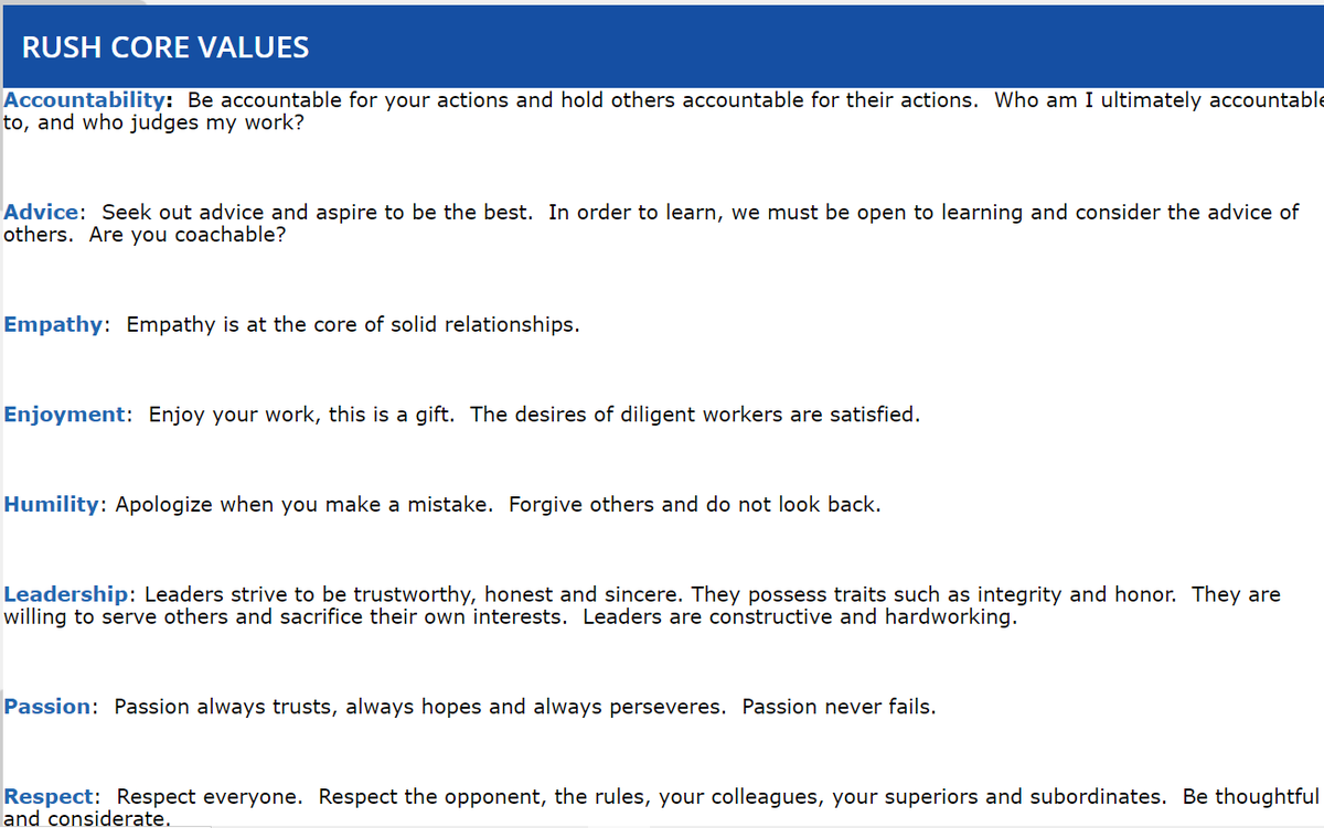 Firstly...LOLSecondly, you can't have a million core values. You need two, three, four.Thirdly, don't write them like a drunk guy trying to answer a quiz question under a time constraint. https://www.rushsoccer.com/Default.aspx?tabid=1327345