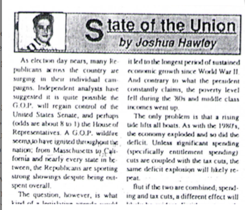 Joshua grew up in the next town over from mine, in Lexington, Missouri. A a teenager he wrote a column for the local paper, where he perfected his political condescension.2/