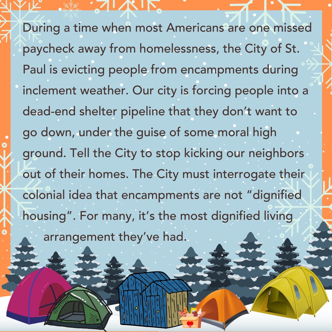 ‼️ RALLY TOMORROW 📢 

Join @STPCampsHub and others in demanding: No More St. Paul Encampment Evictions.

Sunday, January 3rd, at 2:00pm
Western Park: 387 Marion St., St. Paul

Visit Facebook (in bio) to indicate if you’re going / interested!
Help boost by sharing with friends 🧡