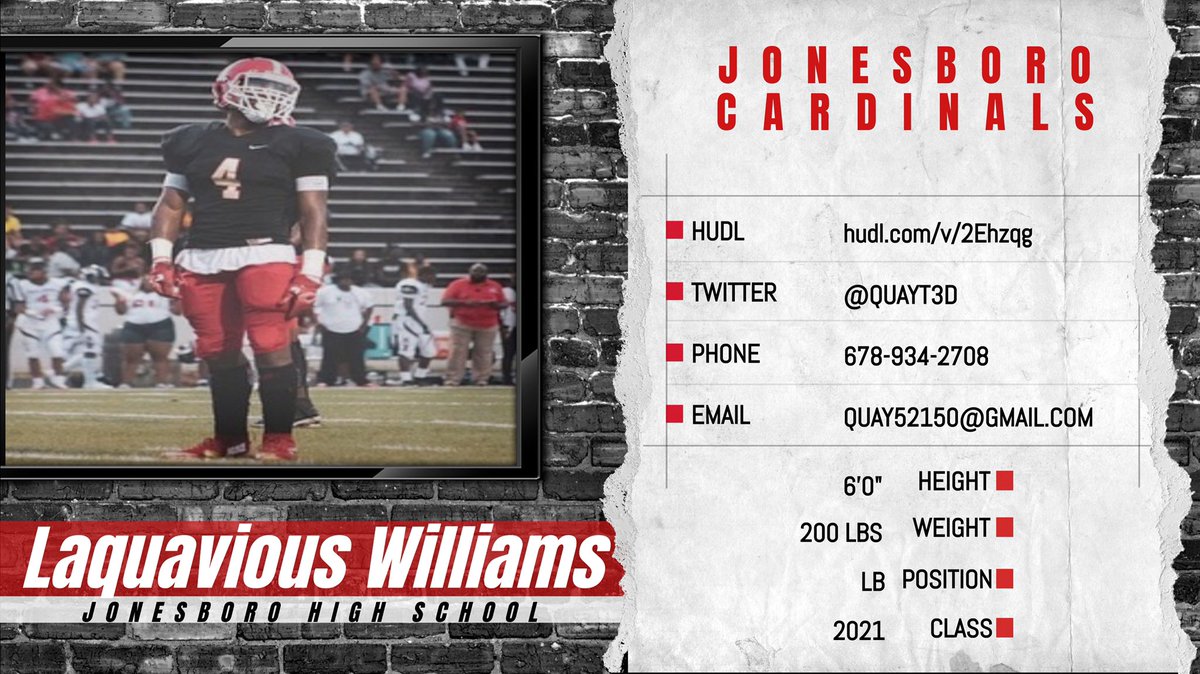 LAQUAVIOUS WILLIAMS <a href="/QUAYT3D/">Quay</a>
‘21 LB | 6’0 200 | Jonesboro HS (GA)
🎥 hudl.com/v/2Ehzqg

STATS
📋 Honorable Mention All Region
📋 64 TKL (40 Solo + 24 Asst) 3 TFL 1 SACK 3 FF 2 REC FUMBLES 4 PBU

<a href="/RecruitJBoroFB/">Jonesboro High School(GA) Football Recruiting Page</a> @dlfarn <a href="/CoachCalvin4/">Coach Calvin</a> <a href="/CoachCarmichEAL/">“COACHSYRUP🥞” Coach Darrian CarmichEAL</a>