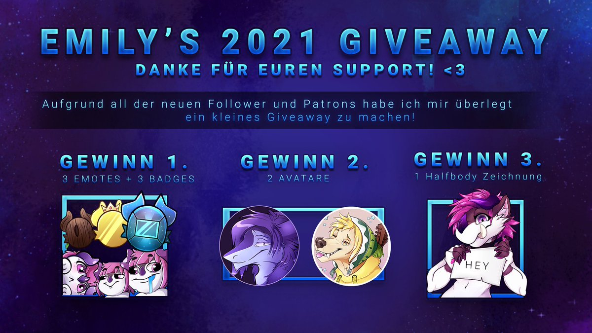 SillyEmy's tweet image. 2021 #GIVEAWAY ❗️

Der Gewinner darf sich den Gewinn aussuchen! 🎉
Endet bei: 1555 Followern 🗓️

Wie du mit machen kannst?🤔
- Retweeten🔁
- Mir folgen☑️
- Kommentar schreiben wieso du gewinnen willst💬

Bitte keine Raffle Accounts❌
Danke für den Support! 💙
Viel Glück🍀