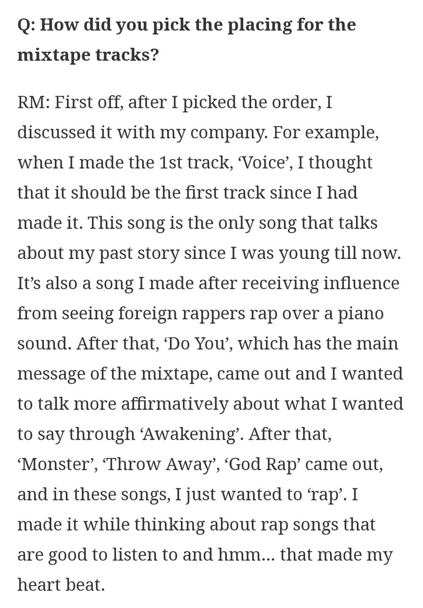 his passion for songwriting and production really shines when listening to his first mixtape 'RM' and the song 'Voice' in particular, along with interviews he gave around that time.Trans cr:  http://btsdiary.com&nbsp; lyrics:  http://genius.com&nbsp;
