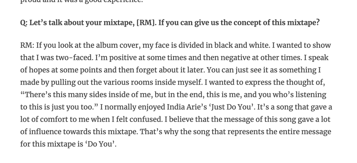 his passion for songwriting and production really shines when listening to his first mixtape 'RM' and the song 'Voice' in particular, along with interviews he gave around that time.Trans cr:  http://btsdiary.com&nbsp; lyrics:  http://genius.com&nbsp;