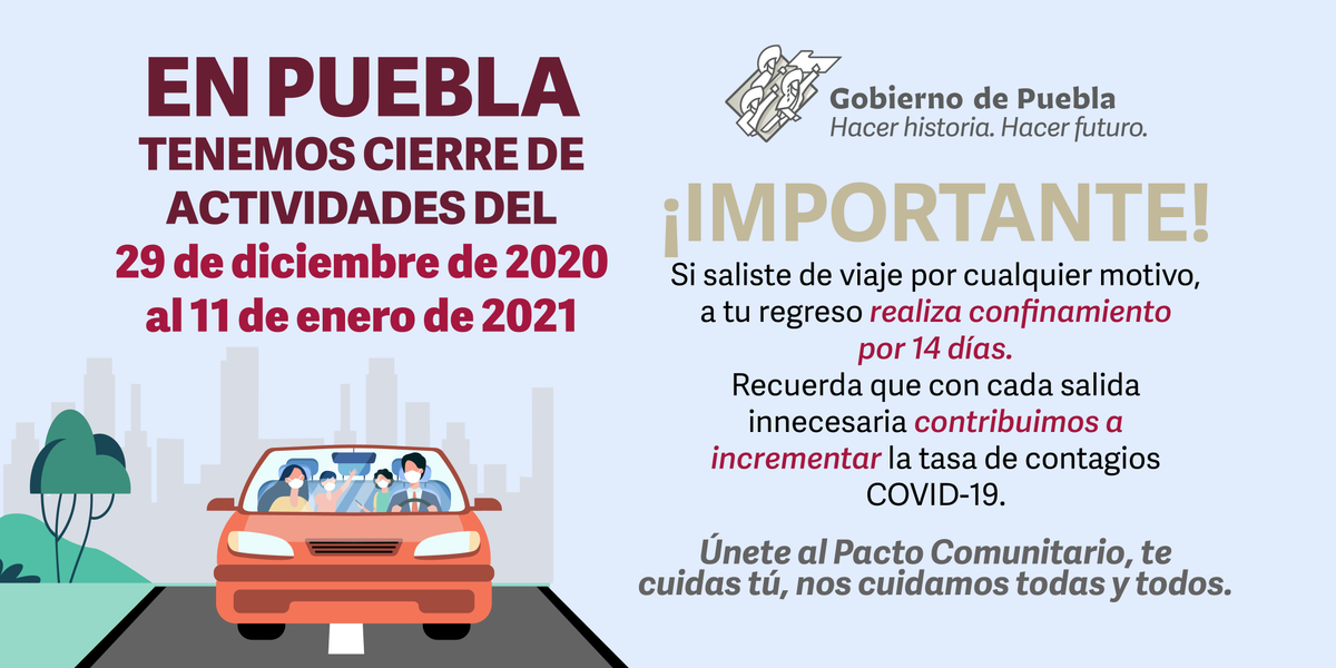 Gob_Puebla's tweet photo. Si en estas fechas saliste de viaje, a tu regreso realiza confinamiento por 14 días, de esta manera te sumas al #PactoComunitario para evitar contagios por COVID-19. https://t.co/KapDUqVGU8