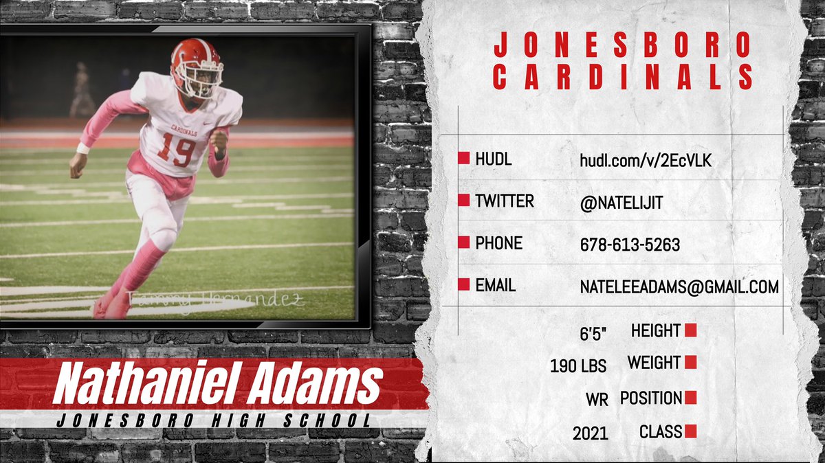 NATHANIEL ADAMS <a href="/NateLijit/">Nathaniel Adams</a>
‘21 WR | 6’5 190 | Jonesboro HS (GA)
🎥 hudl.com/v/2EcVLK

STATS
📋 All Region Student Athlete
📋 Honorable Mention All Region
📋 15 REC 222 YD 3 TD

<a href="/RecruitJBoroFB/">Jonesboro High School(GA) Football Recruiting Page</a> @dlfarn <a href="/marty_me_hustle/">Coach Al</a> <a href="/CoachCarmichEAL/">“COACHSYRUP🥞” Coach Darrian CarmichEAL</a>