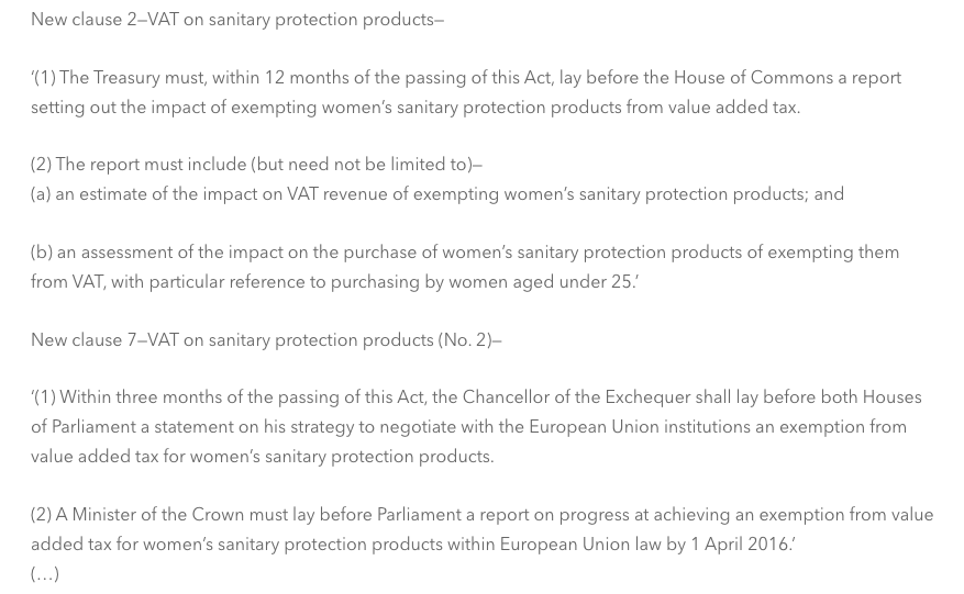 3/ First, no one voted "to scrap" (or not to scrap) VAT on sanitary products (a.k.a. "The Tampon Tax") in October 2015 because it was not within parliament's power to do so. In the debate, the minister responsible (David Gauke) argued that a renegotiation https://fullfact.org/economy/did-mps-vote-against-removing-tampon-tax/