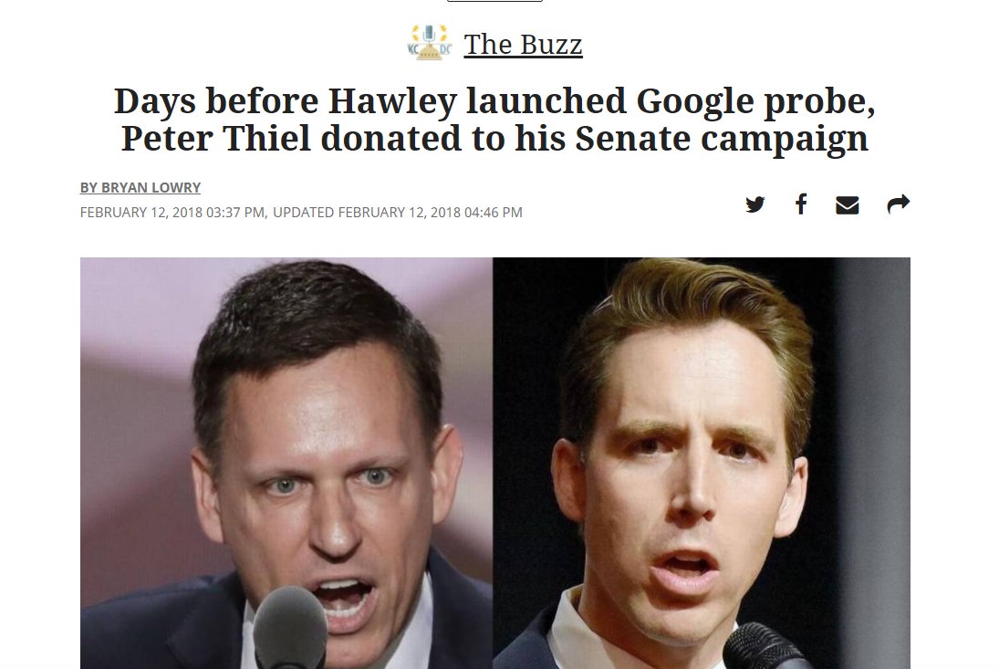 And 4 days after that max-out donation, Hawley--then the Attorney General for MO--launched an antitrust investigation into Google.While it's unclear how much contact Hawley had with Thiel as a student, it is clear that he created a valuable political network while there.7/