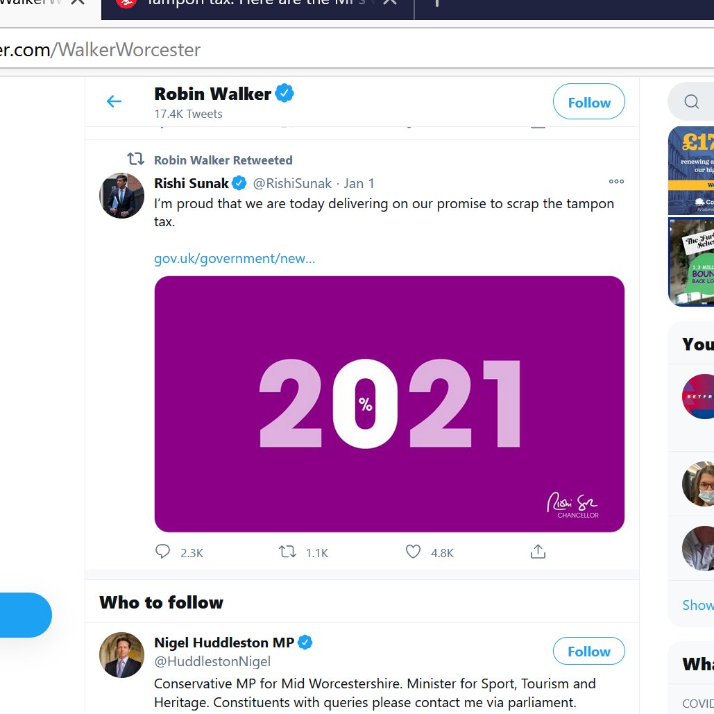 Robin Walker, Conservative MP for Worcester, shares *that* Rishi Sunak tweet. Robin has forgotten how he voted against the 2015 motion to abolish the tampon tax.