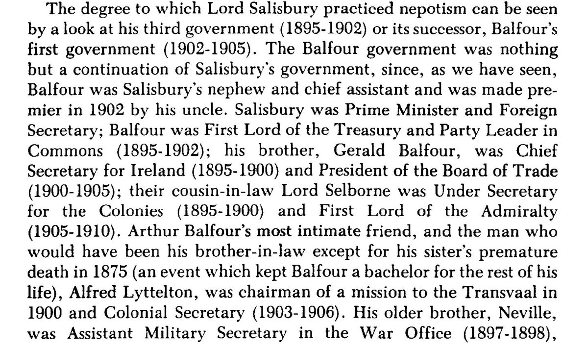 The Balfour government was nothing but a continuation of Salisbury’s government, since, as we have seen, Balfour was Salisbury’s nephew and chief assistant and was made premier in 1902 by his uncle.Quigley