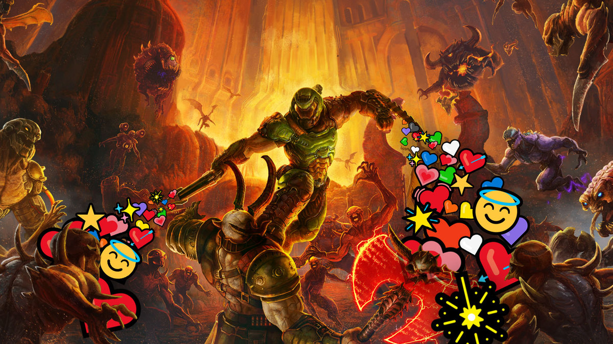 The Doom Slayer shooting hearts, sparkles, and other wholesome emojis at a group of charging demons.