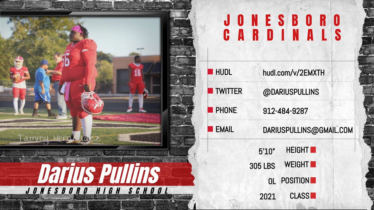DARIUS PULLINS <a href="/DariusPullins/">Darius Pullins</a>
‘21 OL | 5’10 305 | Jonesboro HS (GA)
🎥 hudl.com/v/2EMXTH

STATS
📋 1st Team All Region

<a href="/RecruitJBoroFB/">Jonesboro High School(GA) Football Recruiting Page</a> <a href="/dlfarn/">Farn</a> <a href="/CoachCarmichEAL/">“COACHSYRUP🥞” Coach Darrian CarmichEAL</a>
