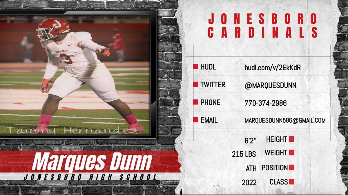 MARQUES DUNN <a href="/MarquesDunn/">Marques Dunn jr</a>
‘22 ATH | 6’2 215 | Jonesboro HS (GA)
🎥 hudl.com/v/2EkKdR
OFFERS: E. Carolina, Memphis, Coastal Carolina, Pitt, Ga State

STATS
📋 <a href="/247Sports/">247Sports</a> 3⭐️
📋 1st Team All Region
📋 18 REC 242 YD 3 TD

<a href="/CoachCarmichEAL/">“COACHSYRUP🥞” Coach Darrian CarmichEAL</a> @dlfarn
<a href="/marty_me_hustle/">Coach Al</a>