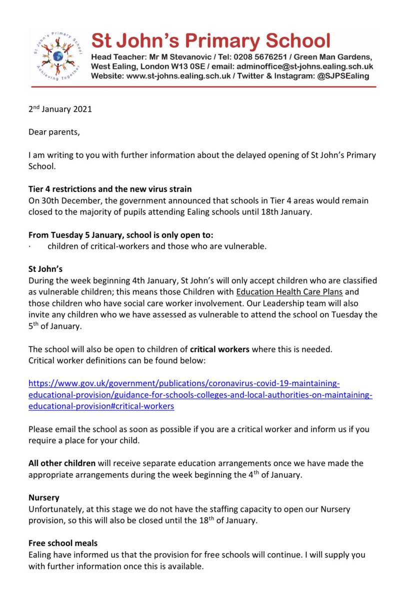 An updated letter from Mr Stevanovic is now on our website st-johns.ealing.sch.uk and has been emailed to parents
