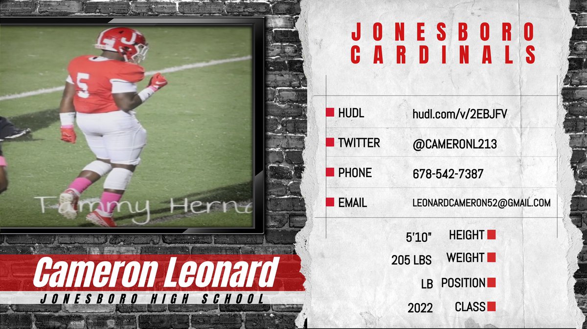 CAMERON LEONARD <a href="/cameronL213/">Cameron Leonard</a>
‘22 LB | 5’11 215 ✅| Jonesboro HS (GA)
🎥 hudl.com/v/2EBJFV

STATS
📋 1st Team All Region
📋 105 TKL (69 Solo + 36 Asst) 5 TFL 2 FF 1 REC FUMBLE 2 PBU 1 INT

<a href="/RecruitJBoroFB/">Jonesboro High School(GA) Football Recruiting Page</a> <a href="/dlfarn/">Farn</a> <a href="/CoachCalvin4/">Coach Calvin</a> <a href="/CoachCarmichEAL/">“COACHSYRUP🥞” Coach Darrian CarmichEAL</a>