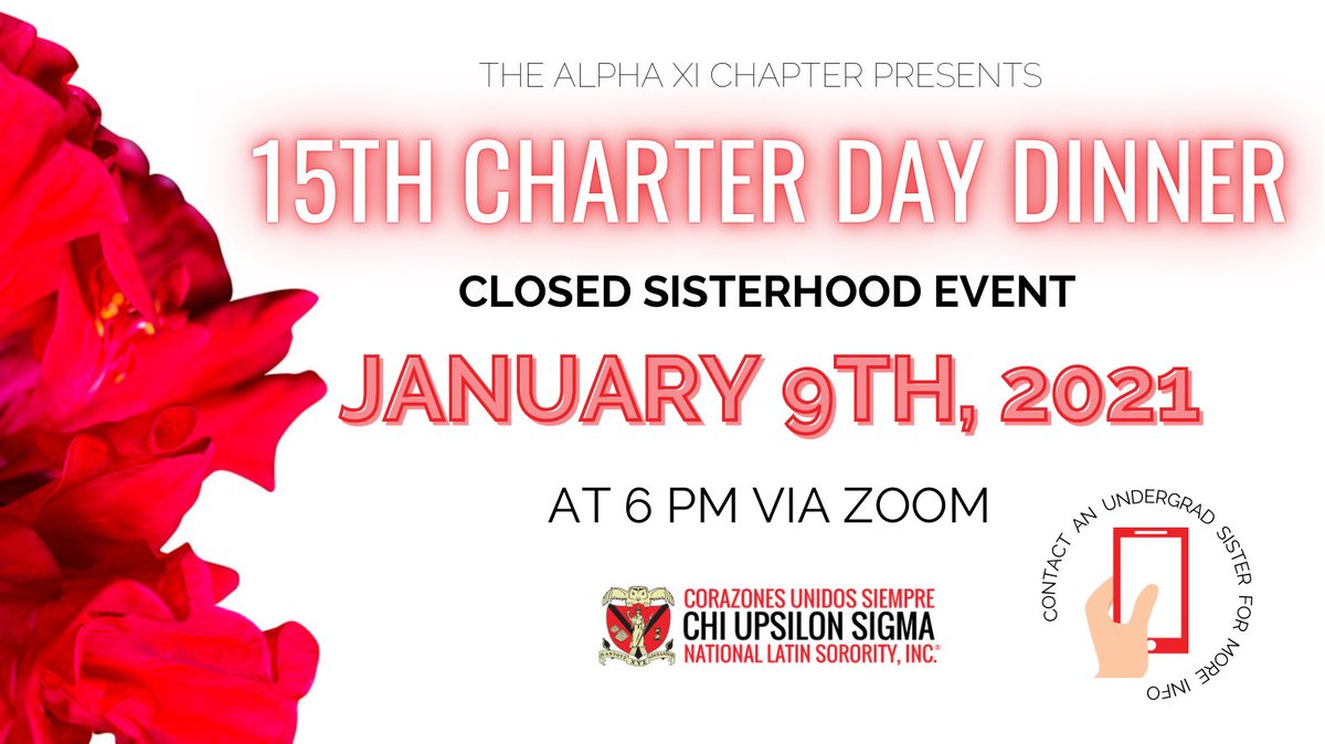 Alpha Xi is extremely excited to celebrate 15 years of captivation at <a href="/UCF/">UCF</a> and we invite all sisters to join us for our Virtual 15th Charter Day Dinner on January 9th at 6 PM ✨
Interested in attending? DM us or contact an undergrad sister for more details! 🌺