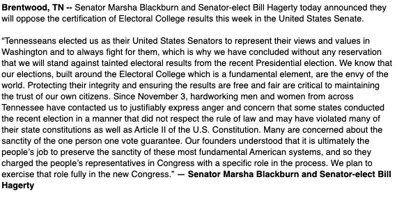 VoteMarsha's tweet image. Tennesseans elected us as their Senators to represent their views and values. Which is why @BillHagertyTN and I have concluded without any reservation that we will stand against tainted electoral results from the recent Presidential election. 

Read our statement: