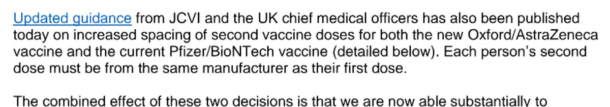 Welcome clarification (to those who have received & read the letter) from NHS CEO, NHS Medical Director & SRO Vaccine Deployment on 'mix and match' between vaccines:"Each person’s second dose must be from the same manufacturer as their first dose": https://www.england.nhs.uk/coronavirus/wp-content/uploads/sites/52/2020/12/C0994-System-letter-COVID-19-vaccination-deployment-planning-30-December-2020.pdf