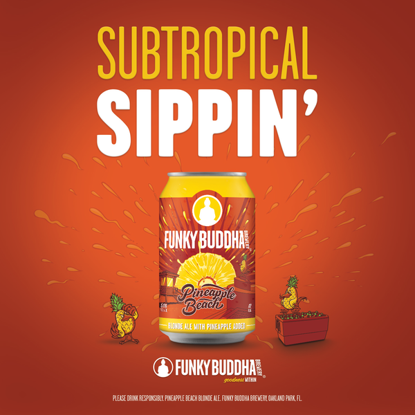 TeamConeBeer's tweet photo. Start the New Year off with some tropical goodness and #PineappleBeach from our friends at @funkybuddhabrew - find the sweet taste of pineapple in every can! Try some today - ask your Team Cone rep! #FloridaBeer #FunkyBuddha https://t.co/EKh1BLUqbL