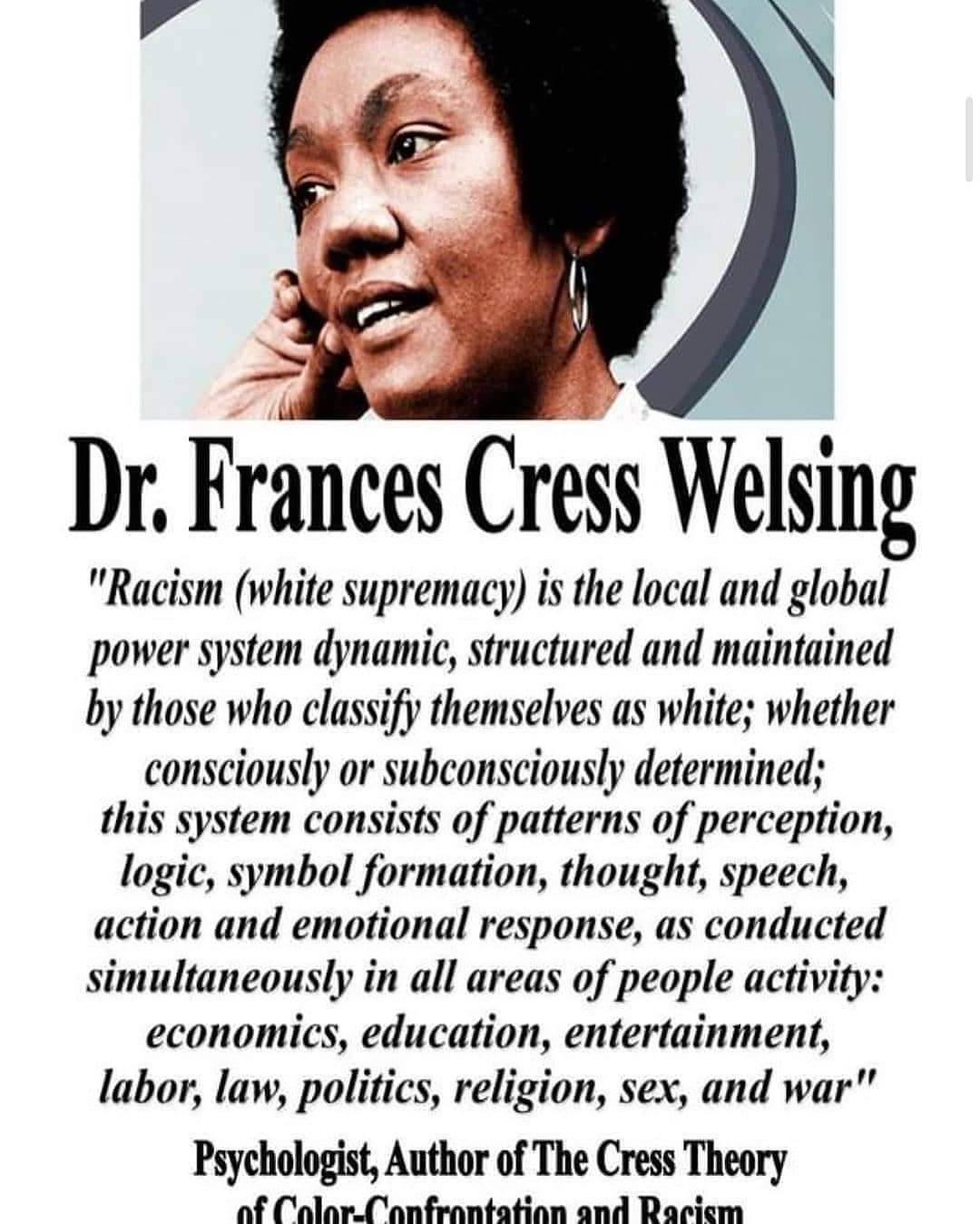 BlackHistoryStudies on Twitter: "Dr. Frances Cress Welsing [who transitioned Jan.02.2016] explains that racism is a system maintained by those who classify themselves as "white." Get her book - #TheIsisPapers #DrFrancesCressWelsing https://t.co ...