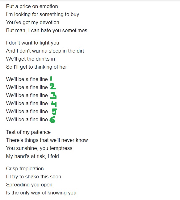 The song Fine Line has 28 We'll be allright/ a fine line. (the count is a bit weird with the lyrics but it was too long to film it lol)