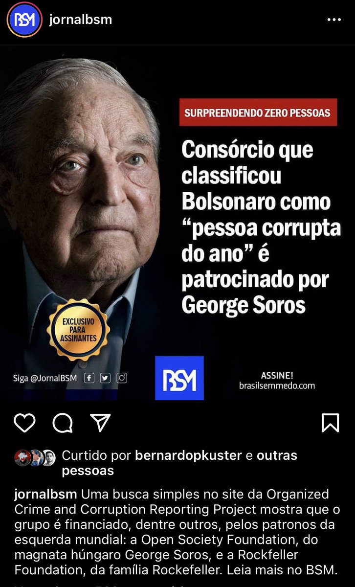 Via @jornalbsm
Uma busca simples no site da Organized Crime and Corruption Reporting Project mostra q o grupo é financiado,dentre outros, pelos patronos da esquerda mundial: a Open Society Foundation,do magnata húngaro George Soros,e a Rockfeller Foundation,da família Rockefeller