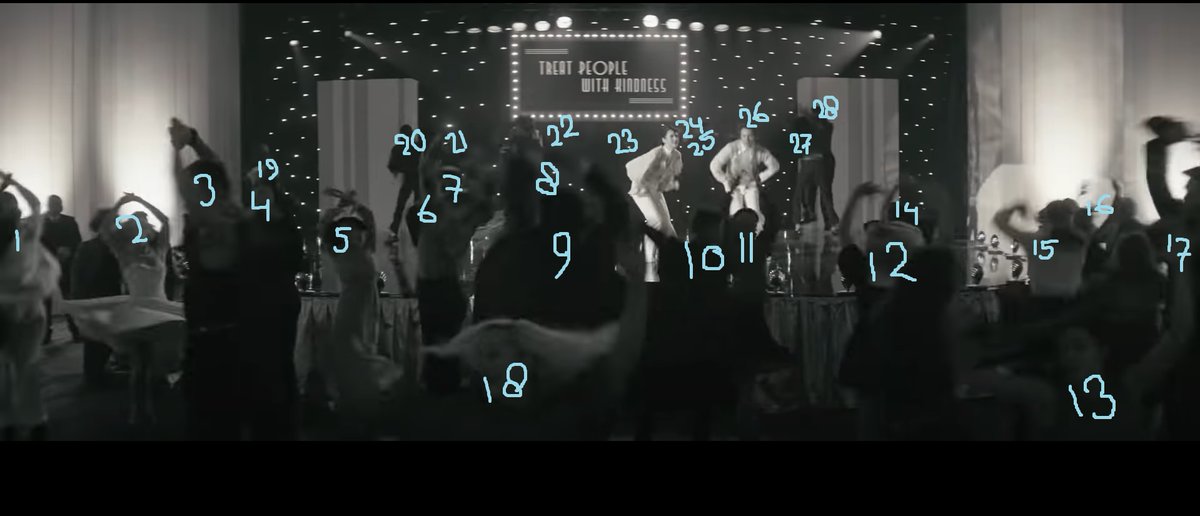 The TPWK mv has 28 people dancing. There are more people in the room but in a split second at the end you can see the room and if you count the people dancing (excl. Harry/Phoebe) there are 28.