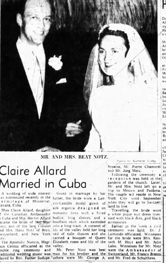 Canada’s ambassador during the Revolution was Hector Allard, who lived large in the gangster’s paradise of Batista’s Cuba. Even as revolution spread through the country, Allard held a lavish wedding for his daughter in Havana. The Ottawa Journal reported on her splendid gown. (4)