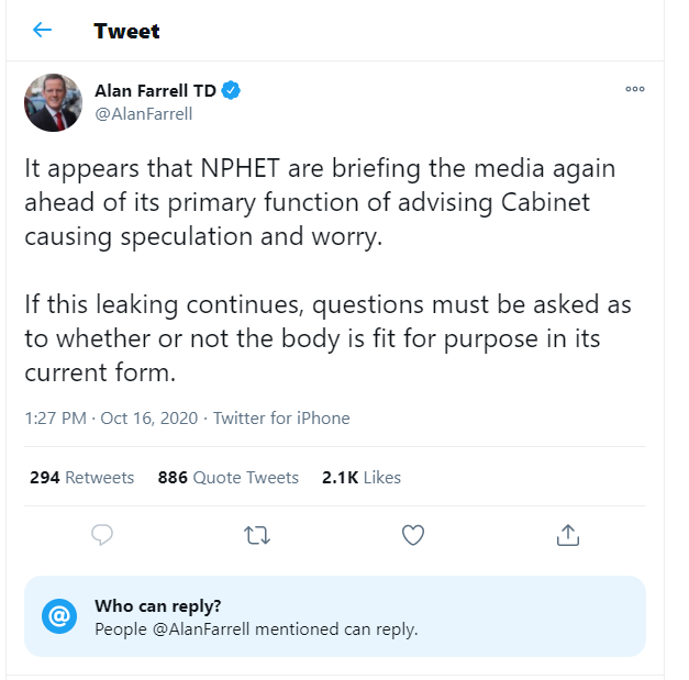 PieceOfPi552's tweet photo. Has @AlanFarrell bothered to publicly apologize to @CMOIreland and @roinnslainte yet?
If anything FG's constant undermining of NPHET's public health guidelines is the leading danger to our Safety!
#LeoTheLeak #AlanFarrell #NPHET https://t.co/WcjgQ8aQAf