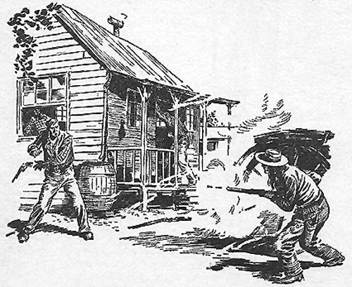 It's on. Owens returns fire - kills Andy instantly, wounds John. A Blevins ally, Mose Roberts, jumps through a side window with a gun. Owens hears, turns the corner, kills him too. Back in front, Sam Houston Blevins (15) picks up Andy's gun and fires on Owens. Owens fires back.
