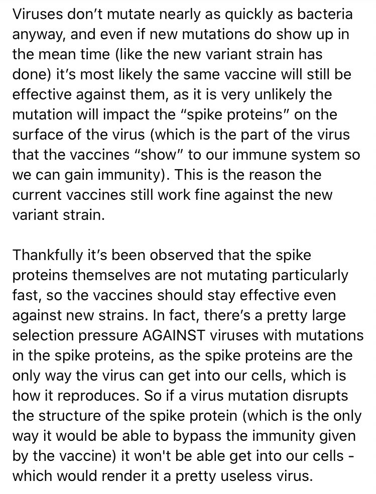 Explanations are attached to my first tweet above. Attached to this tweet is a fuller explanation as to why the virus is very unlikely to get “resistant” to the vaccine if the second dose is delayed 2/2