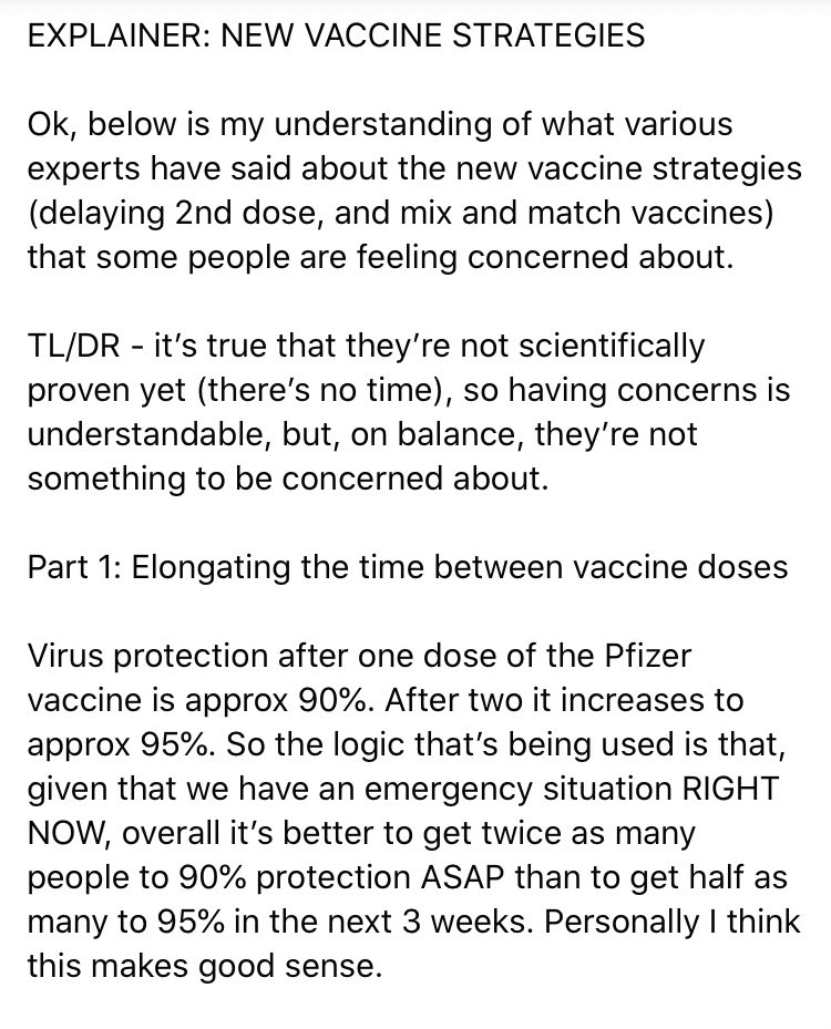 Concerned re the new vaccine strategies? Worried that delaying the second dose is a bad idea or that it might make the virus resistant? Confused re mix and match vaccines? I’ve compiled this short explainer, pls read and share. TL/DR; on balance, nothing to be concerned about 1/2