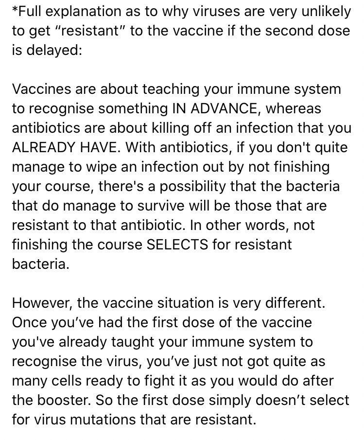 Explanations are attached to my first tweet above. Attached to this tweet is a fuller explanation as to why the virus is very unlikely to get “resistant” to the vaccine if the second dose is delayed 2/2