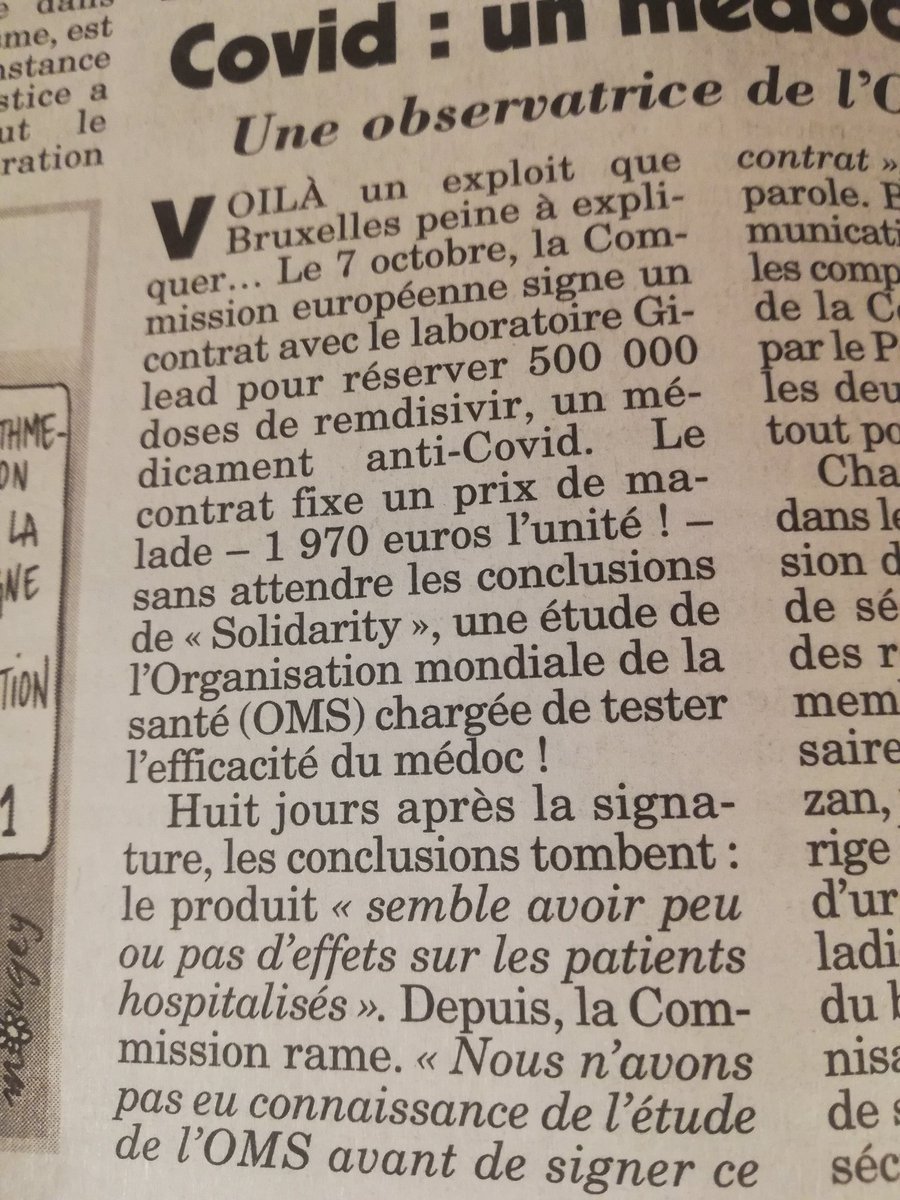 53noel's tweet image. Incroyable info du @canardenchaine. L'UE a acheté 500 000 doses de remdisivir (à près de 2000 euros pièce), médicament anti Covid jugé inefficace par L'OMS. Comment faire aimer cette Europe de l'incompétence et/ou de la corruption ?