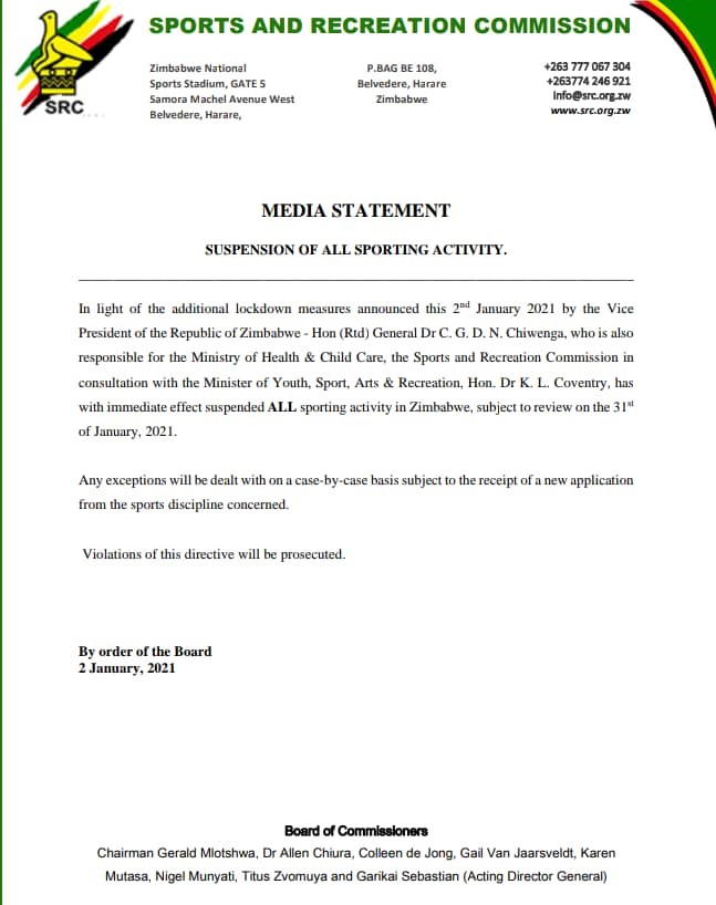 ....suspension of sporting activity in Zimbabwe....