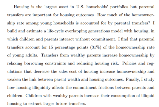 Eirik Brandsaas“Illiquid Homeownership and the Bank of Mom and Dad” http://papers.eebrandsaas.com/Homeownership_BankOfMomAndDad.pdf