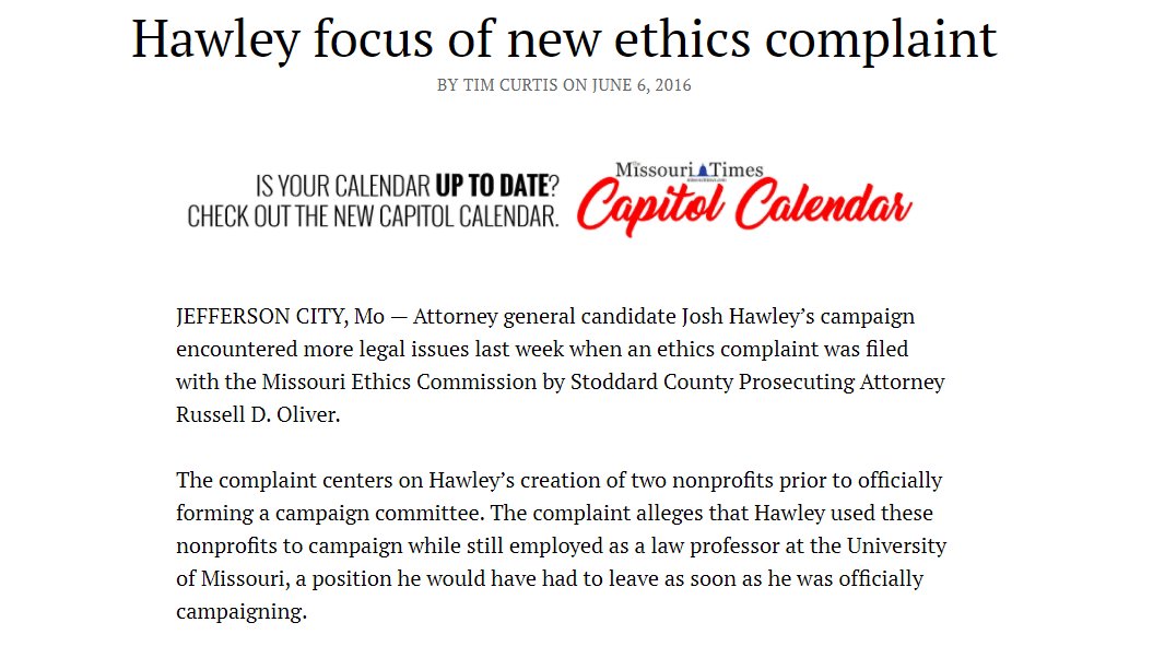 But that lie sat in the rearview as he faced ethics complaints against him during his Attorney General race. The group he founded the "Missouri Liberty Project"--he was using it to campaign before officially forming a campaign committee--a serious violation.18/