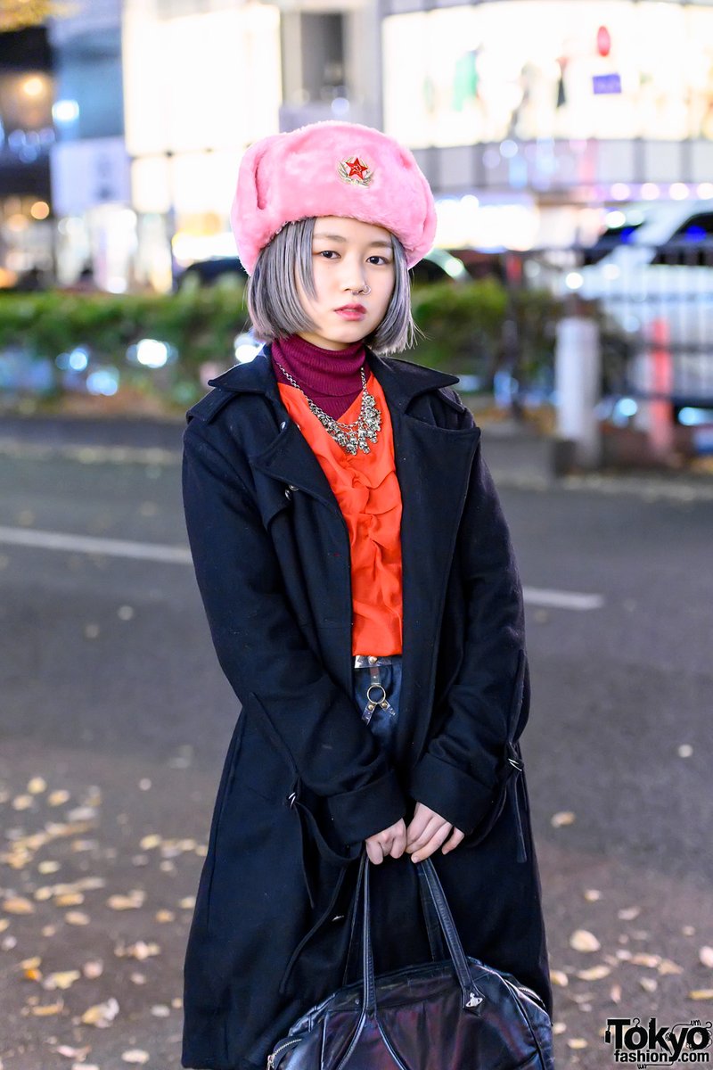 Japanese Student In Fuzzy Cat Ear Hat w/ Comme Ca Du Mode Coat, Lily Brown  Mock Neck, Spiral Girl Denim Shorts, Vivienne Westwood Belt, Louis Vuitton  Scarf, Gucci, Milk Accessories & Mouse